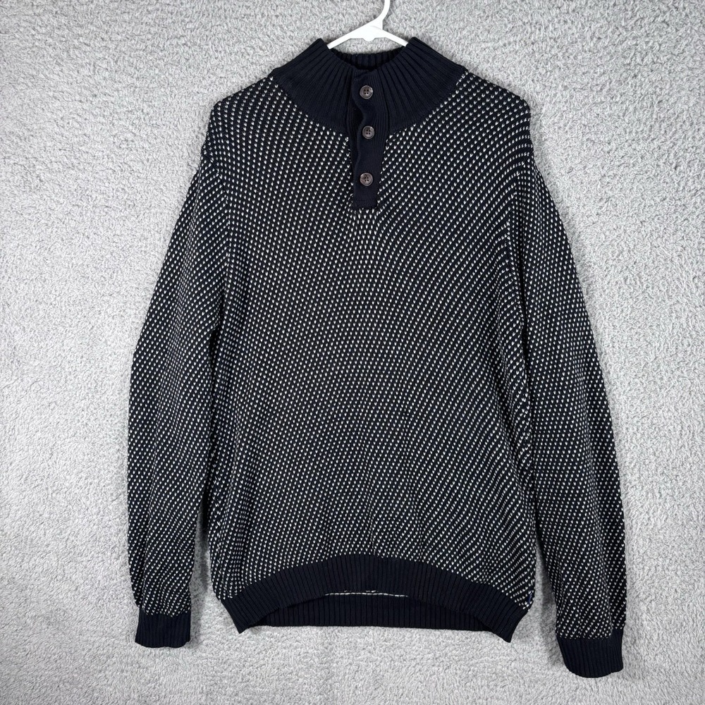 Izod Sweater Men's XL Black Henley Birdseye Knit Casual Preppy Mock Neck Cotton